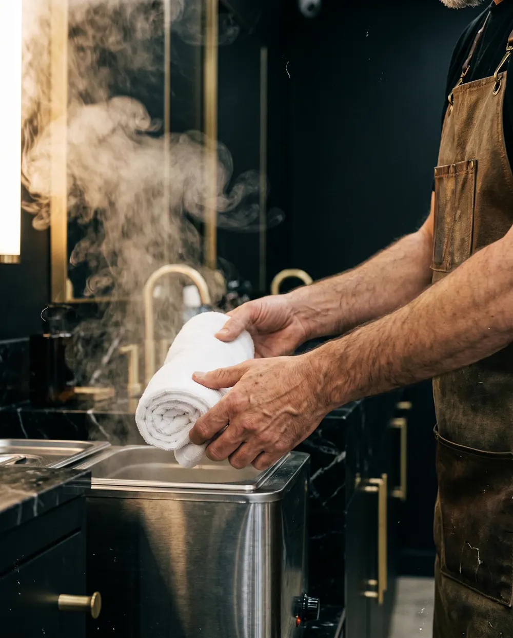 A hot towel lifted from the warmer, steam rising in low gold light